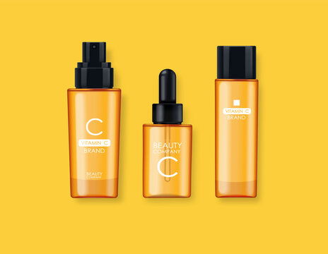 點擊來源直接獲取大圖文件 維生素 c 化妝品 面膜 面霜和精華液套裝,美容公司,護膚瓶,逼真的包裝模型和新鮮柑橘,治療精華,美容化妝品,矢量橫幅 模板 3d質感矢量日化商品主圖banner模板